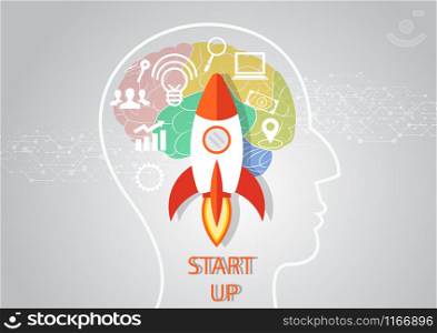 Human head and space rocket taking off on mission. Innovation idea management,startup vector