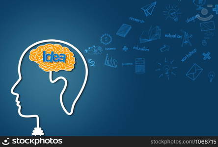 Human head creative idea brain icon. spark success in business. isolated blue background. vector illustration
