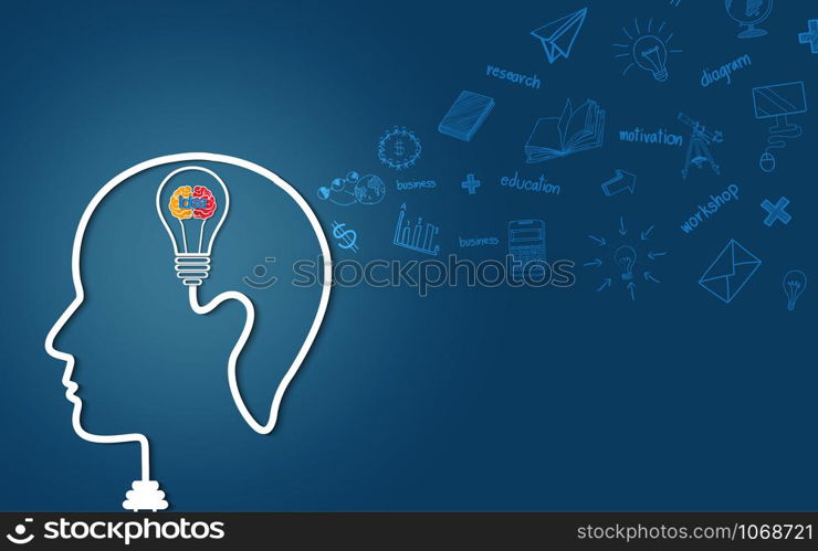 Human head creative idea light bulb brain icon. spark success in business. isolated blue background. vector illustration