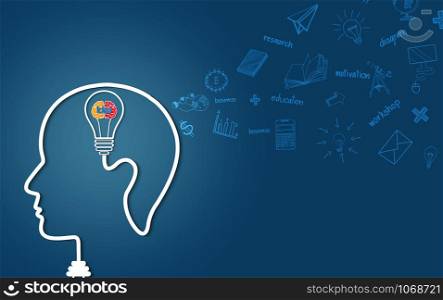 Human head creative idea light bulb brain icon. spark success in business. isolated blue background. vector illustration