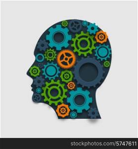 Human head made of colored gears brain thinking and creativity mechanism concept vector illustration