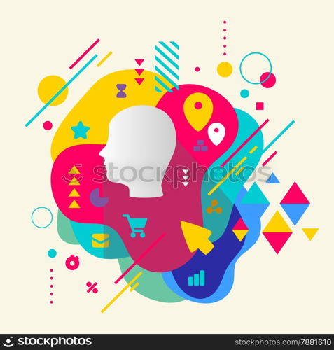 Human head on abstract colorful spotted background with different elements. Flat design.