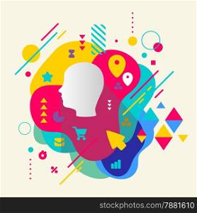 Human head on abstract colorful spotted background with different elements. Flat design.