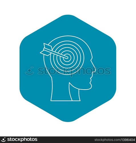 Human head profile with target inside icon. Outline illustration of human head profile with target inside vector icon for web. Human head profile with target inside icon