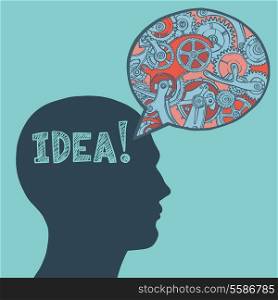 Human head silhouette thinking idea man with engineers pattern speech bubble poster vector illustration