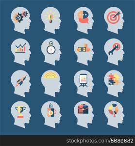 Human head silhouettes with idea icons inside isolated vector illustration