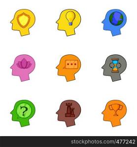 Human head with an idea inside icons set. Cartoon set of 9 human head with an idea inside vector icons for web isolated on white background. Human head with an idea inside icons set