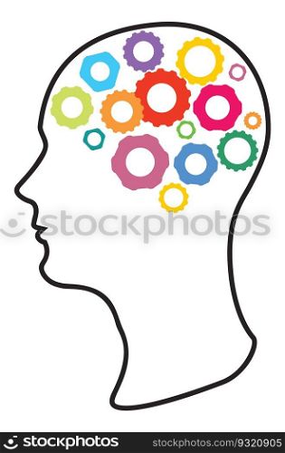 Human head with colorful gears, concept of thinking process and brain functioning.