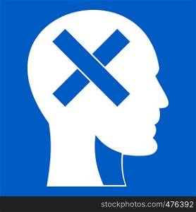 Human head with cross inside icon white isolated on blue background vector illustration. Human head with cross inside icon white