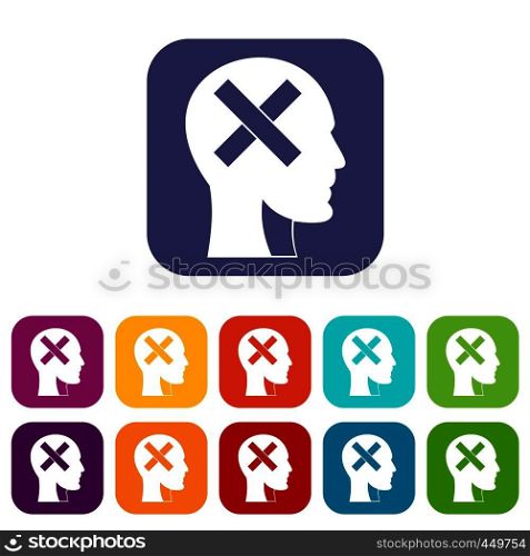 Human head with cross inside icons set vector illustration in flat style In colors red, blue, green and other. Human head with cross inside icons set flat