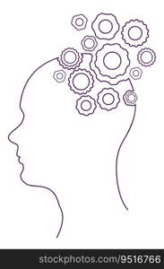 Human head with gears line art, concept of thinking process and brain functioning.