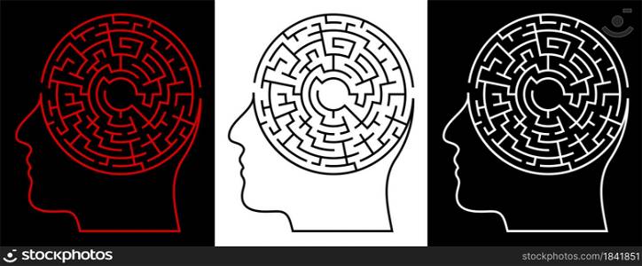 Human head with labyrinth, maze inside. Making difficult decisions. Brainstorm. Creative and logical thinking. Vector