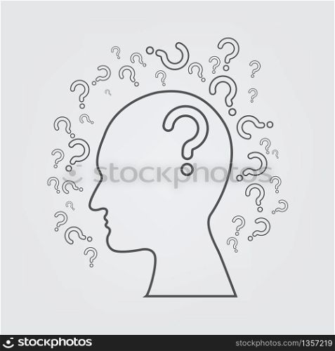 Human head with question mark icons. Head thinking. Vector illustrator