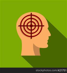 Human head with red crosshair icon. Flat illustration of human head with red crosshair vector icon for web isolated on lime background. Human head with red crosshair icon, flat style
