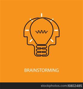 Human heads and light bulb icon.Creative mind logo.Creative group logo.Brain.Creative mind.Man head and people symbol.Concept of brainstorming,business thinking,creating new ideas or creativity sign.Vector flat design illustration