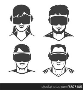 Human heads with virtual reality glasses. Human heads with VR headset icons. Virtual reality glasses or oculus goggles signs, vector illustration