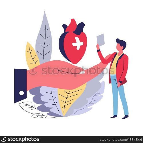 Human heart and hand health insurance abstract concept vector medicine and healthcare life protection money payment and finance hospital bill covering man and paper document cardiac muscle emergency.. Health insurance abstract concept human heart and hand