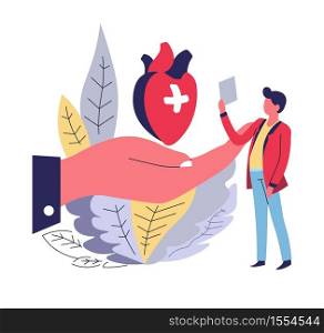 Human heart and hand health insurance abstract concept vector medicine and healthcare life protection money payment and finance hospital bill covering man and paper document cardiac muscle emergency.. Health insurance abstract concept human heart and hand