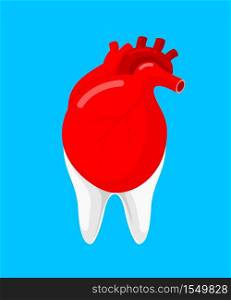 Human heart and tooth as a partner. Icon design. Oral health and heart disease hygiene concept caused by dental plaque and gum disease. Vector illustration isolated on blue background.