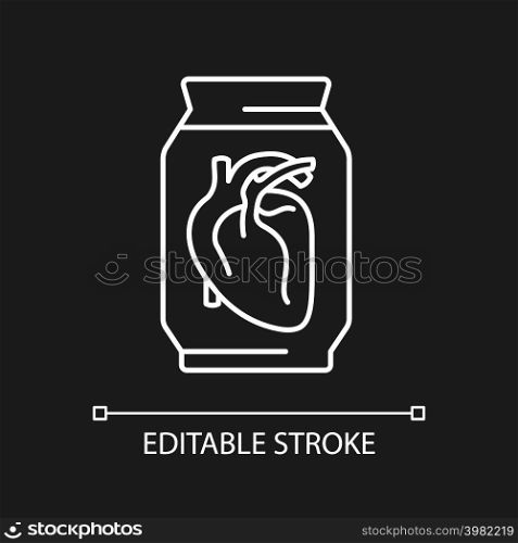 Human heart exhibit at museum white linear icon for dark theme. Human organ preserved in formalin. Thin line illustration. Isolated symbol for night mode. Editable stroke. Arial font used. Human heart exhibit at museum white linear icon for dark theme