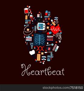 Human heart made of medical or healthcare equipments icons. Heartbeat and pulse, cardiogram and tooth implant, DNA and flask or test tube, microscope and syringe, pill or disposable tablet and stethoscope, cure drop on spoon and thermometer. Human heart made of medical equipments icons
