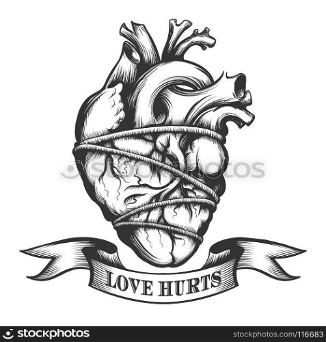 Human heart tied in rope with ribbon. Symbol of Love Hurts drawn in tattoo style. Vector illustration.