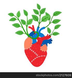 Human heart with leaves. Cartoon biological organ with muscle and veins, vector illustration of cardiovascular pump for blood with blooming branches isolated on white background. Human heart with leaves