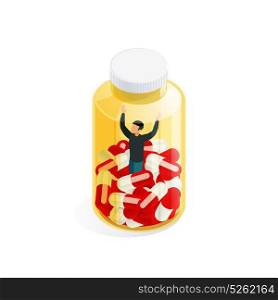 Human In Vial Concept. Pharmacy conceptual composition with pills bunch and faceless gesticulating male character inside the sealed transparent vial vector illustration