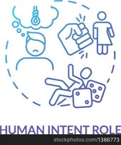 Human intention role, think importance concept icon. Traumatism psychological factor, mental disorder result idea thin line illustration. Vector isolated outline RGB color drawing. Human intention role, think importance concept icon