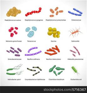 Human intestinal and lungs inflammatory diseases bacteria colony icons set of salmonella tuberculosis abstract isolated vector illustration