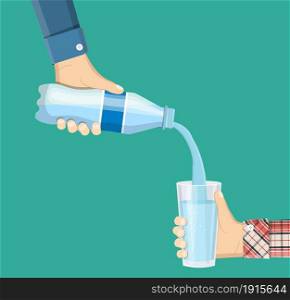 Human is picking up a glass of water from a plastic bottle. A cool mineral natural drink. Glass and bottle holding in hand. Vector illustration in flat style. Human is picking up a glass