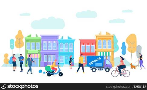 Human Life in Moder City. Summer Time People Activity. Characters Riding Bycicle, Scooter, Van Car, Express Delivery, Walking with Dog, Talking on Urban Background Cartoon Flat Vector Illustration.. Human Life in Moder City. Summer Time Activity.