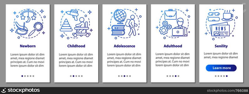 Human lifecycle onboarding mobile app page screen with linear concepts. Newborn, childhood, adolescence, adulthood, senility steps graphic instructions. UX, UI, GUI vector template with illustrations. Human lifecycle onboarding mobile app page screen with linear co