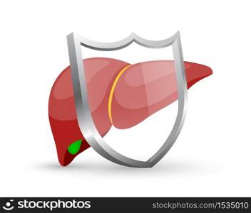 Human liver sign with a shield. Health protection concept. illustration