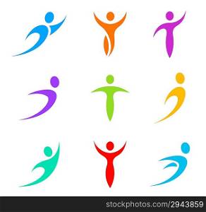 ""Human logo template elements. Business &amp; Sport icon set. Flying, levitating, tending, rushing activity. Vector.""