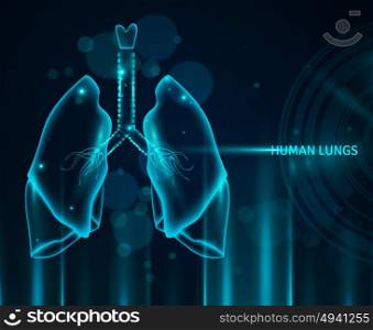 Human Lungs Background. Transparent human lungs in blue color background with light effects and bokeh flat vector illustration