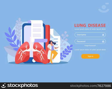 Human lungs doctor medical card and log in form on blue background flat vector illustration