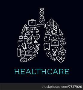 Human lungs symbol created of medical icons for healthcare design usage with doctors and ambulance, thermometers and stethoscopes, pills and syringes, hearts, DNA and teeth, microscopes, test tubes and first aid kits. Lungs symbol created of medical, healthcare icons