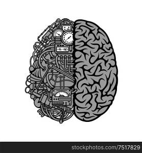 Human machine brain symbol with detailed illustration of combined human brain with automatic computing engine equipments. Great for computer technology and artificial intellect theme or education concept. Combined human brain with computing engine icon