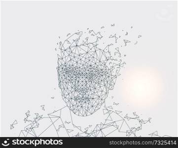 Human made of lines artificial intelligence and blurry sun glowing artificial intelligence of creature vector illustration isolated on grey background. Human Made of Lines, Grey Vector Illustration