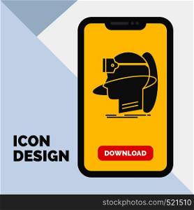 human, man, reality, user, virtual, vr Glyph Icon in Mobile for Download Page. Yellow Background. Vector EPS10 Abstract Template background