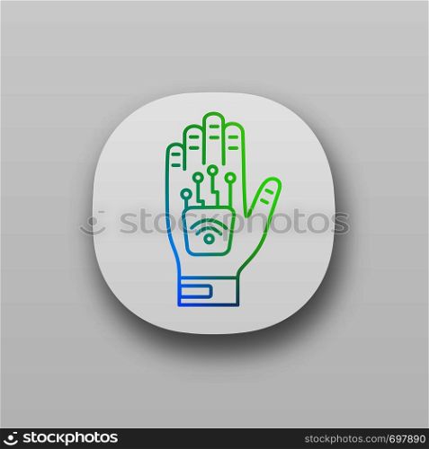 Human microchip implant in hand app icon. NFC implant. Implanted RFID transponder. UI/UX user interface. Web or mobile application. Vector isolated illustration. Human microchip implant in hand app icon