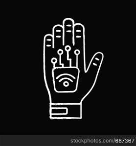 Human microchip implant in hand chalk icon. NFC implant. Implanted RFID transponder. Isolated vector chalkboard illustrations. Human microchip implant in hand chalk icon