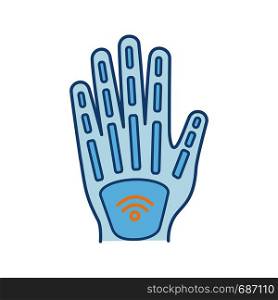 Human microchip implant in hand color icon. NFC implant. Implanted RFID transponder. Isolated vector illustration. Human microchip implant in hand color icon