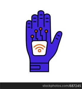 Human microchip implant in hand color icon. NFC implant. Implanted RFID transponder. Isolated vector illustration. Human microchip implant in hand color icon