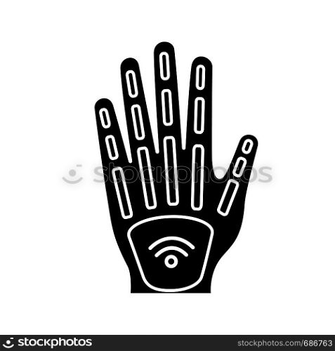 Human microchip implant in hand glyph icon. NFC implant. Implanted RFID transponder. Silhouette symbol. Negative space. Vector isolated illustration. Human microchip implant in hand glyph icon