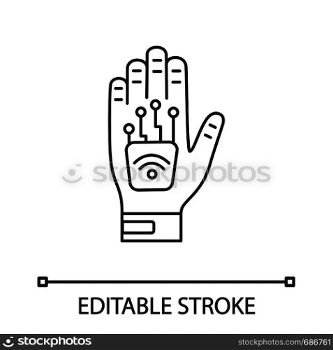 Human microchip implant in hand linear icon. Thin line illustration. NFC implant. Implanted RFID transponder. Contour symbol. Vector isolated outline drawing. Editable stroke. Human microchip implant in hand linear icon