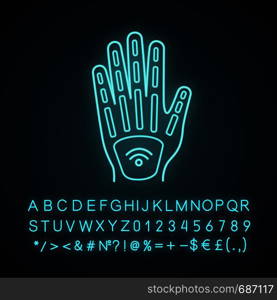 Human microchip implant in hand neon light icon. NFC implant. Implanted RFID transponder. Glowing sign with alphabet, numbers and symbols. Vector isolated illustration. Human microchip implant in hand neon light icon