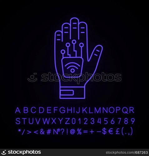 Human microchip implant in hand neon light icon. NFC implant. Implanted RFID transponder. Glowing sign with alphabet, numbers and symbols. Vector isolated illustration. Human microchip implant in hand neon light icon