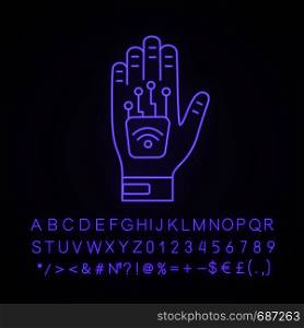 Human microchip implant in hand neon light icon. NFC implant. Implanted RFID transponder. Glowing sign with alphabet, numbers and symbols. Vector isolated illustration. Human microchip implant in hand neon light icon